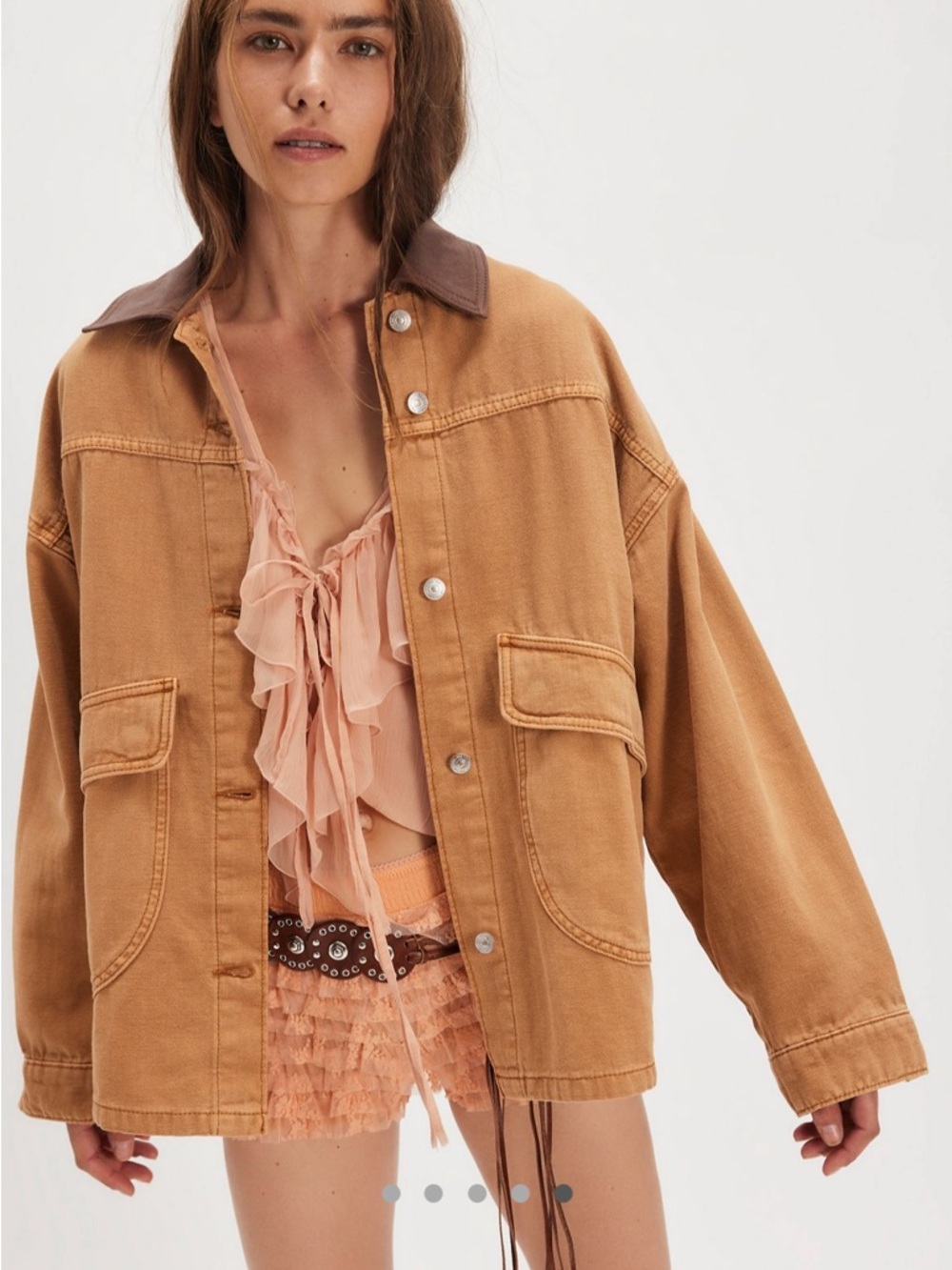 We The Free Oversized Caramel Jean Jacket with Dark Brown Collar